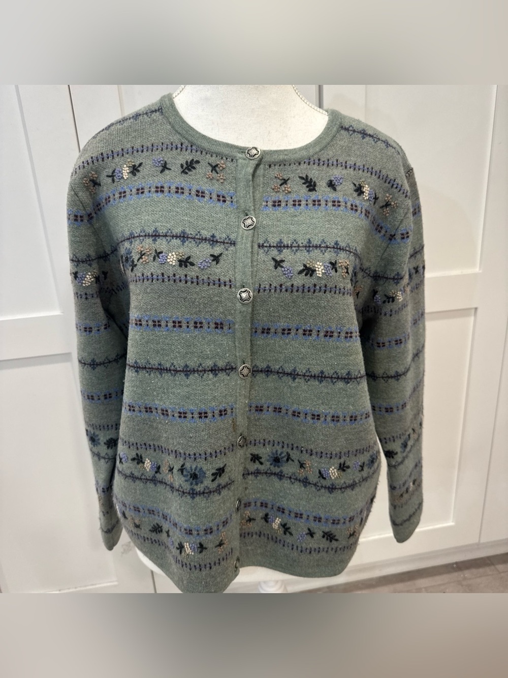 Talbots 109% wool cottagecore embroidered button up cardigan green petite medium